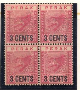 Perak 1895 Tiger Issue Fine Mint Unused No Gum Block of Surcharge 3c. 117712