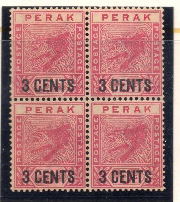 Perak 1895 Tiger Issue Fine Mint Unused No Gum Block of Surcharge 3c. 117712