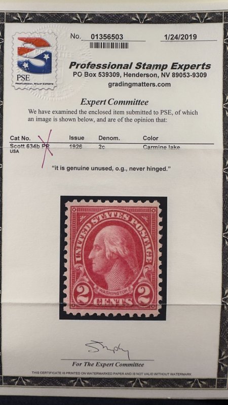 US Scott 634b Carmine Lake shade OG NH with PSE certificate F
