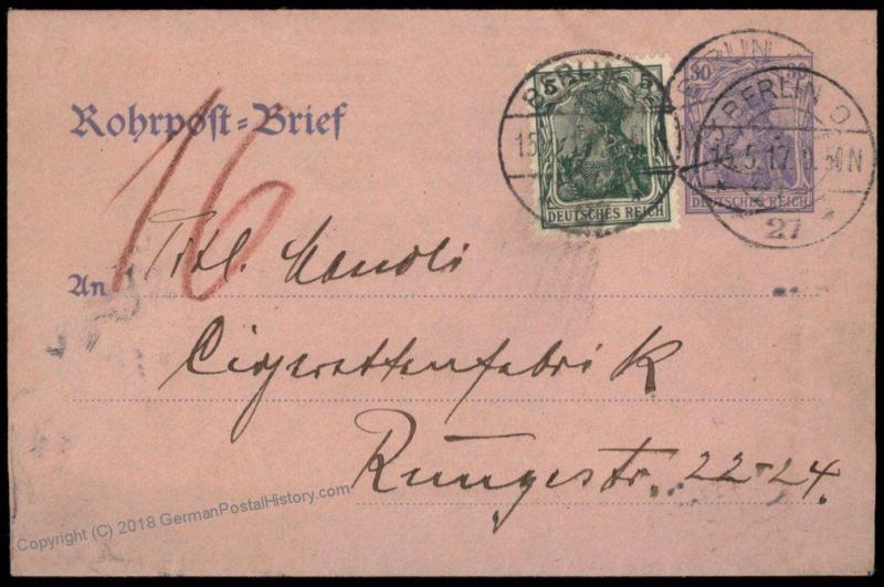 Germany 1917 WWI Berlin Rohrpost Pneumatic Mail Cover Germania 82654