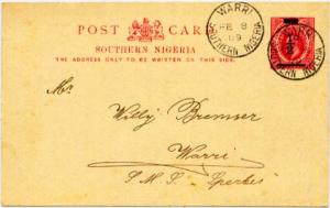 Nigeria Southern Nigeria 1d KEVII Postal Card Overprinted 1/2 1909 Warri, Sou...