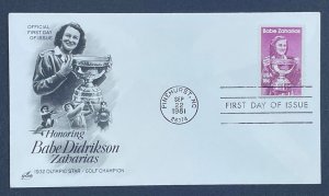 Scott 1932  FDC   Babe Didrikson Zaharias    Artcraft Cachet