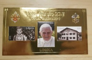Liberia 2012 Pope Benedict 85th Birth Anniversary - Gold sheet of 3 Stamps - MNH