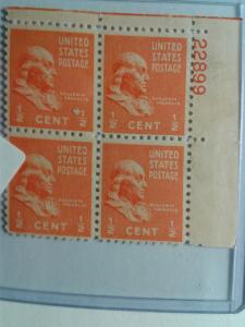 SCOTT # 803 FRANKLIN PLATE BLOCK  MINT NEVER HINGED GEM