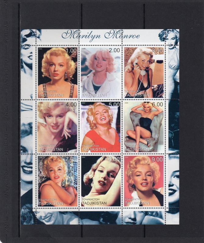 Tajikistan 2000 MARILYN MONROE Early Pictures Sheetlet #2 (9) MNH