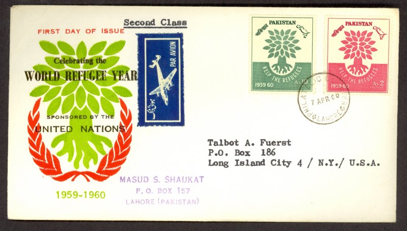 PAKISTAN 1960 WORLD REFUGEE YEAR SET on Cachet FDC Sc 112-113