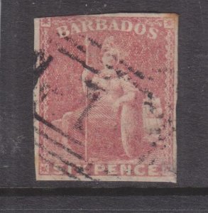BARBADOS. 1858 imperf., 6d. Pale Rose Red, used.