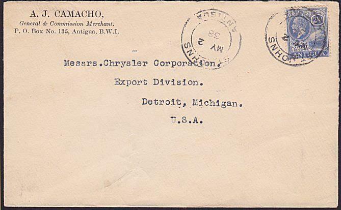 ANTIGUA 1938 cover to USA - GV 2½d - St Johns cds...........................6586