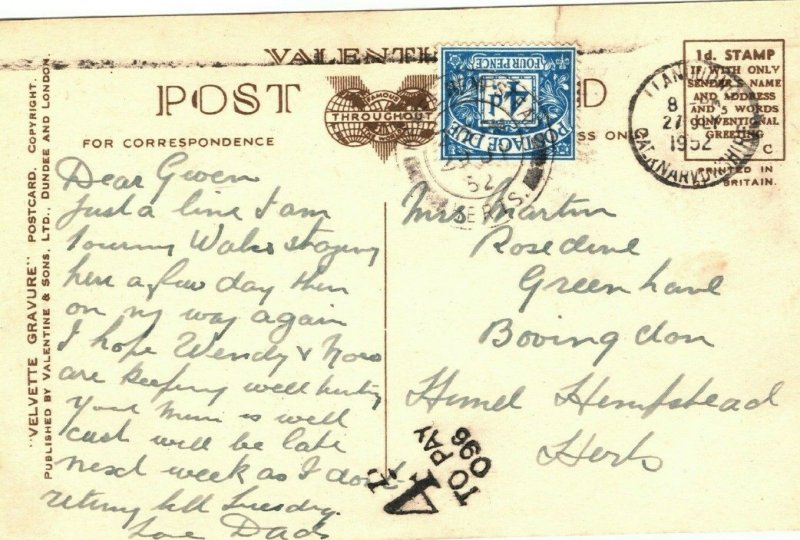 GB Wales Unpaid Postcard *4d/ TO PAY/ 096* Llandudno Colwyn Bay 1952 ZB150 