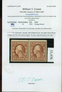 Scott 354 Washington Mint Coil NH Stamp with William T Crowe Cert (Stock 354-2)