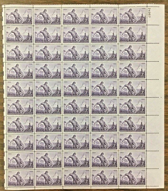 1060  Nebraska Territory Centennial  3 c MNH sheet of 50 FV $1.50   1954