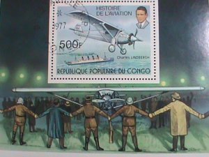 CONGO STAMP:1977 HISTORY OF AVIATION- CHARLES LINDBERGH CTO S/S SHEET