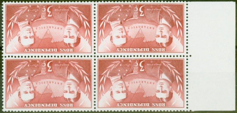 Ross Dependency 1967 3c Carmine-Red SG6w Wmk Inverted V.F MNH Block of 4 