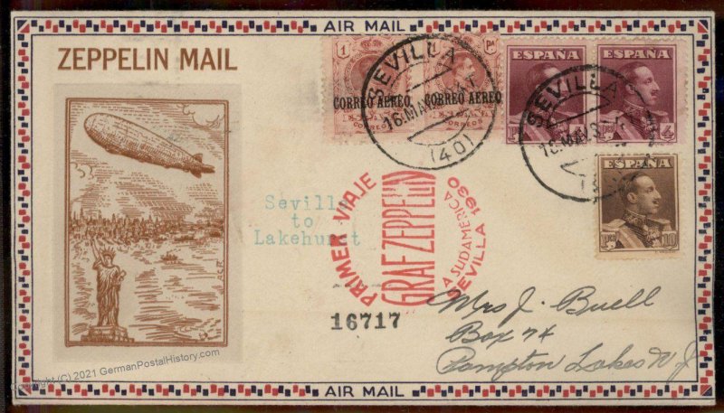 Spain Germany 1930 Graf Zeppelin Seville Si58B Pompton Lakes NJ Flown Cov 100817