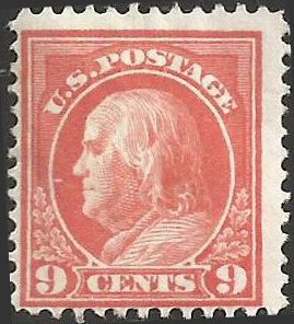 # 415 Mint Heavy Hinged Salmon Red Ben Franklin
