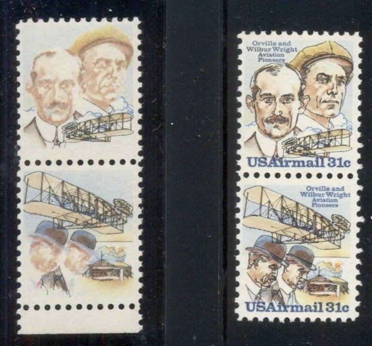 US #C92b 31¢ Wright Brothers Airmail, se-ten vertical pair, COLOR OMITTED ERROR