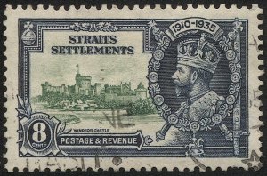 STRAITS SETTLEMENTS 1935 8c KGV  Sc 214 Used VF, Silver Jubilee, postmark