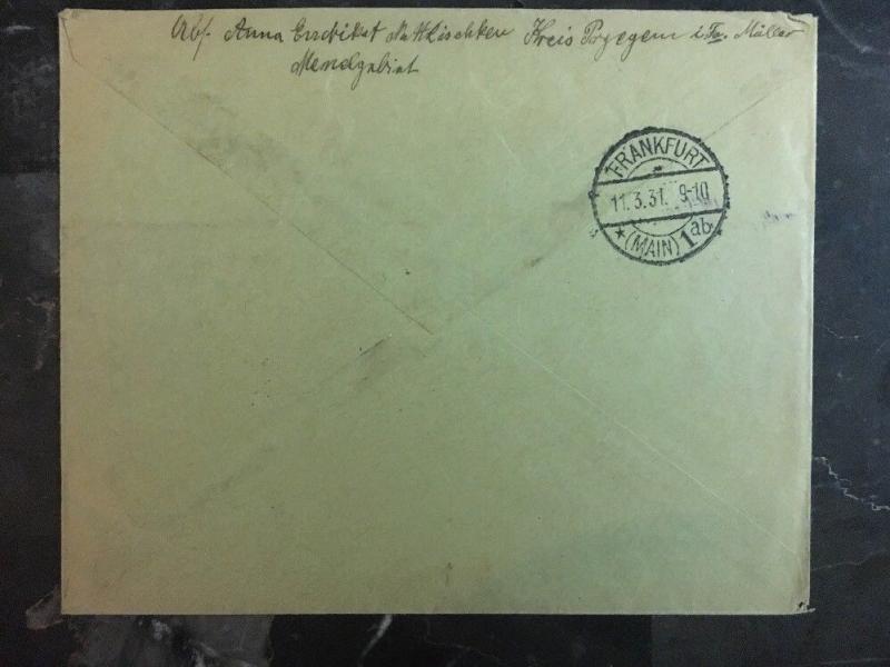 [D*] 1931 Natkiskiai Lithuania Registered Cover To Frankfurt Germany