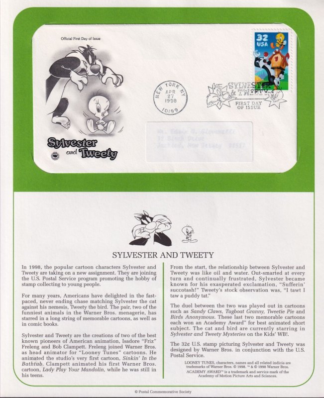 1998 Sylvester & Tweety cartoon animation 32c Sc 3204 FDC with PCS cachet page