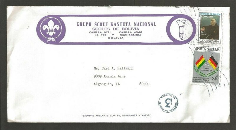 1987 Bolivia Boy Scout Grupo Kantuta Nacional corner ad to US