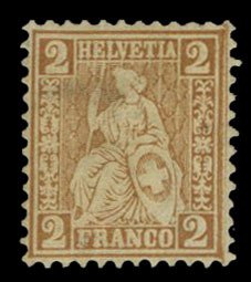 Switzerland #52a Cat$800, 1887 2c red brown, unused without gum, filled in th...