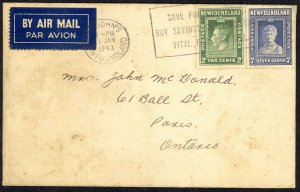 Canada Newfoundland Sc# 245, 248 on cover (Air Mail) 1943 1.11 Royal Family