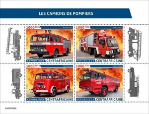 Central Africa - 2023 Fire Trucks, Rosenbauer, Oldtimer - 4 Stamp Sheet