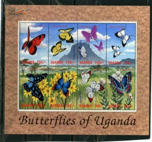 UGANDA 2000 BUTTERFLIES SHEET OF 8 STAMPS MNH