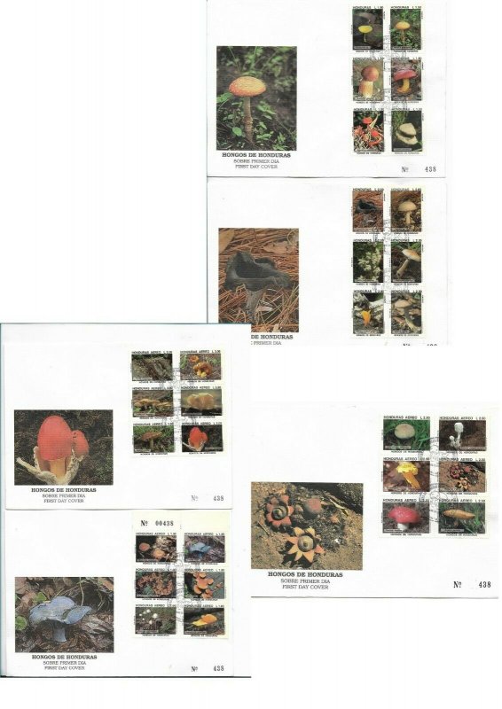 HONDURAS 1995, MUSHROOMS FLORA COMPLETE SET IN 5 NICE FDC, FIRST DAY COVE