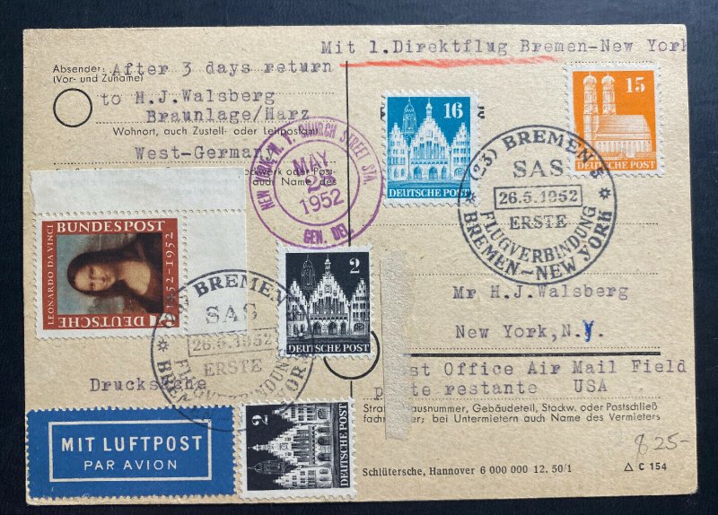 1953 Bremen Germany First Direct Flight Airmail PC Cover To New York Usa
