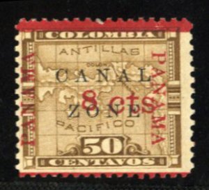 United States Possessions, Canal Zone #14 Cat$25, 1904 8c on 50c bister brown...