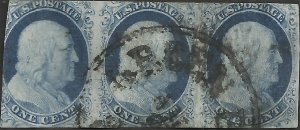# 7 Blue Used Strip Of Three Ben Franklin SCV-425.00