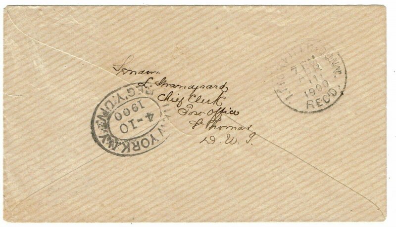 Danish West Indies 1900 St. Thomas cancels on registered cover to the U.S.