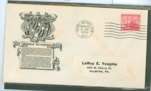 US 736 1934 3c Maryland Tercentenary on an addressed first day cover with an Anderson cachet.