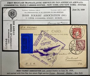 1939 Dublin Ireland First Flight Airmail Postcard Cover FFC To New York USA