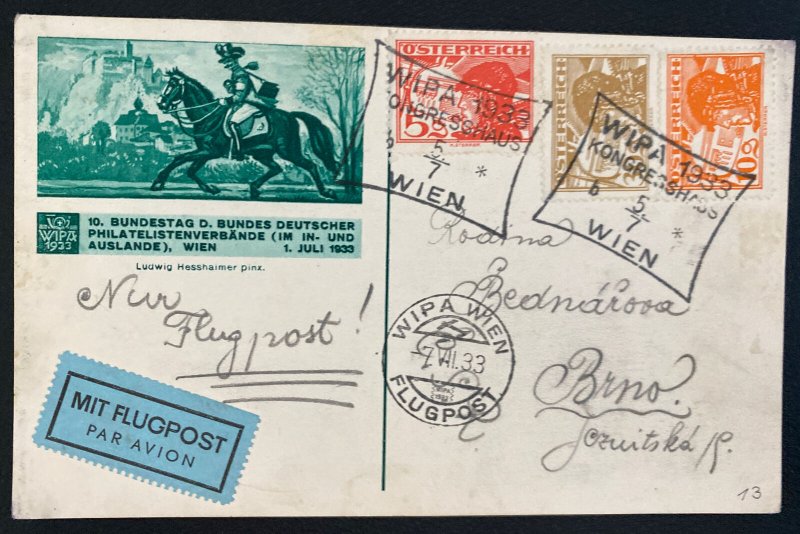 1933 Vienna Austria Airmail Postcard Cover To Brno Czechoslovakia WIPA Congress