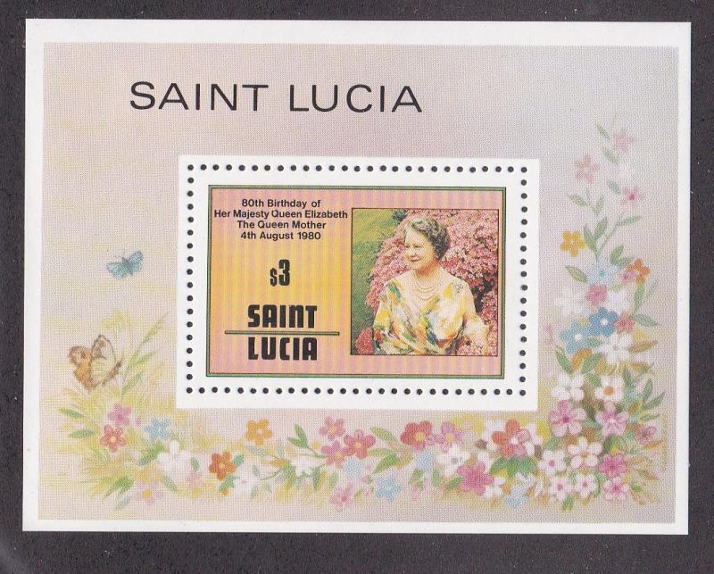 St. Lucia # 503, Queen Mothers 80th Birthday, Souvenir Sheet, NH, 1/2 Cat.