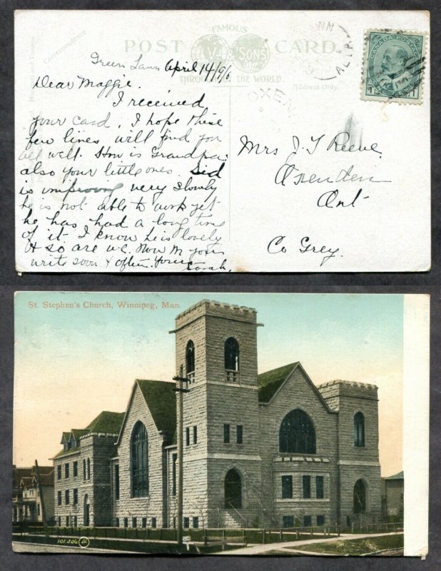 813 - GREENLAWN Alberta 1908 Broken Circle on Winnipeg Postcard to Oxenden Ont