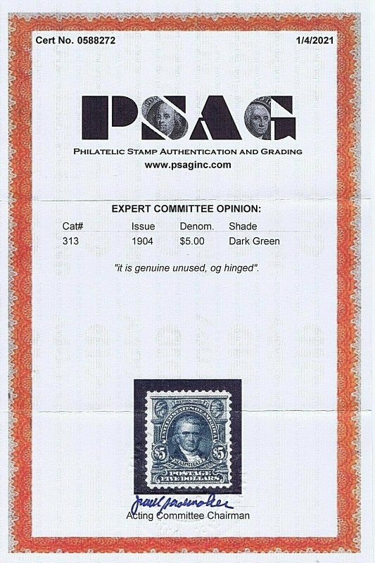 SC# 313 UNUSED ORIG GUM HINGED $5 MARSHALL1904, 2021 PSAG CERT,  F-VF HI CAT VAL