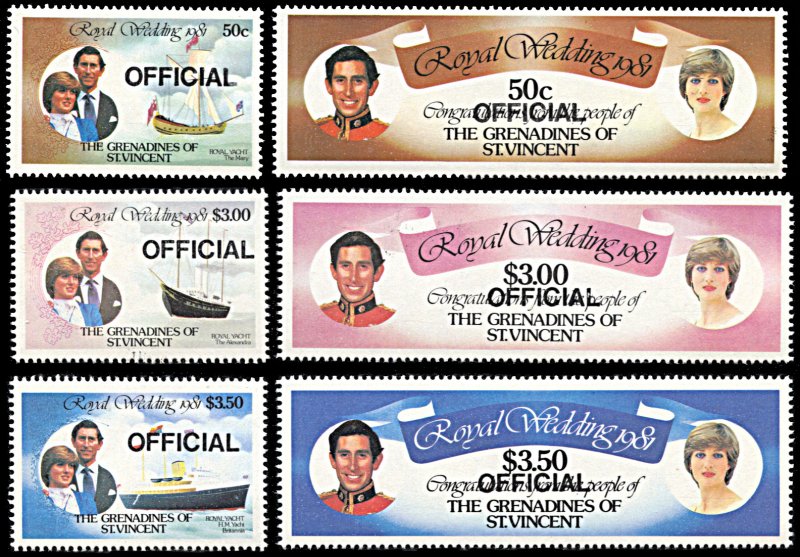Saint Vincent Grenadines O1-O6, MNH, Overprint on Charles and Diana issue