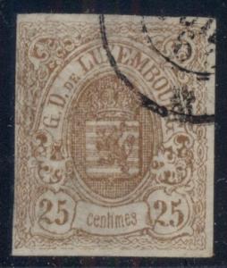LUXEMBOURG #9 25c brown, used, 4-mgns., VF, Scott $275.00