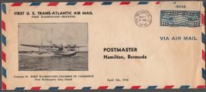 US 1938 First Trans-Atlantic Air Mail Cover Port Washington - Bermuda