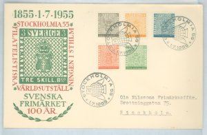 Sweden 479-483 1955 Stockholmia / Centenary of Swedish Postage Stamps, Set of 5 (Coat of Arms) on an addressed (typed) cacheted