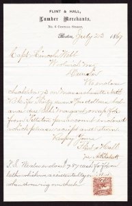 Scott 113, Illegal Use on Receipt acknowlegement July 23, 1869, Lumber Merchants