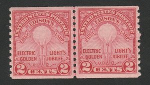 OAS-CNY 12892 SCOTT 656 – 1929 2c Edison's First Lamp, COIL LINED PAIR XF MH $85