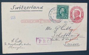 1918 US Postal Agency In Shanghai China Stationery Postcard Cover to Switzerland