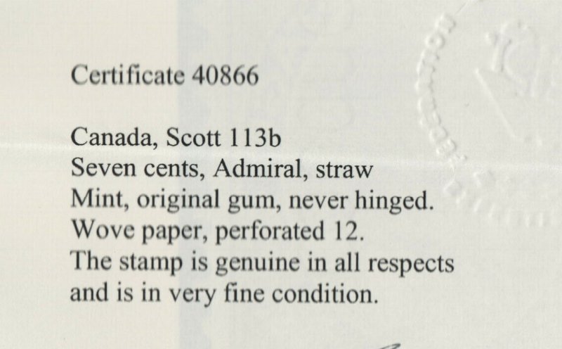 Canada #113b Very Fine Never Hinged **With Certificate**