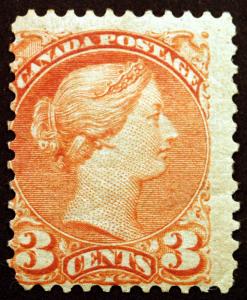 Canada #37 3c Orange Red 1873 Small Queen Victoria VF MLH Rare