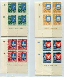 ESTONIA 1940 CHARITY SET SCOTT B46-B49 MARGIN DATE BLOCKS OF 4 PERFECT MNH