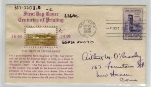 1939 CROSBY PHOTO FDC STEPHEN DAYE PRINTING PRESS 857-32D3.A Lilac + Sepia Photo